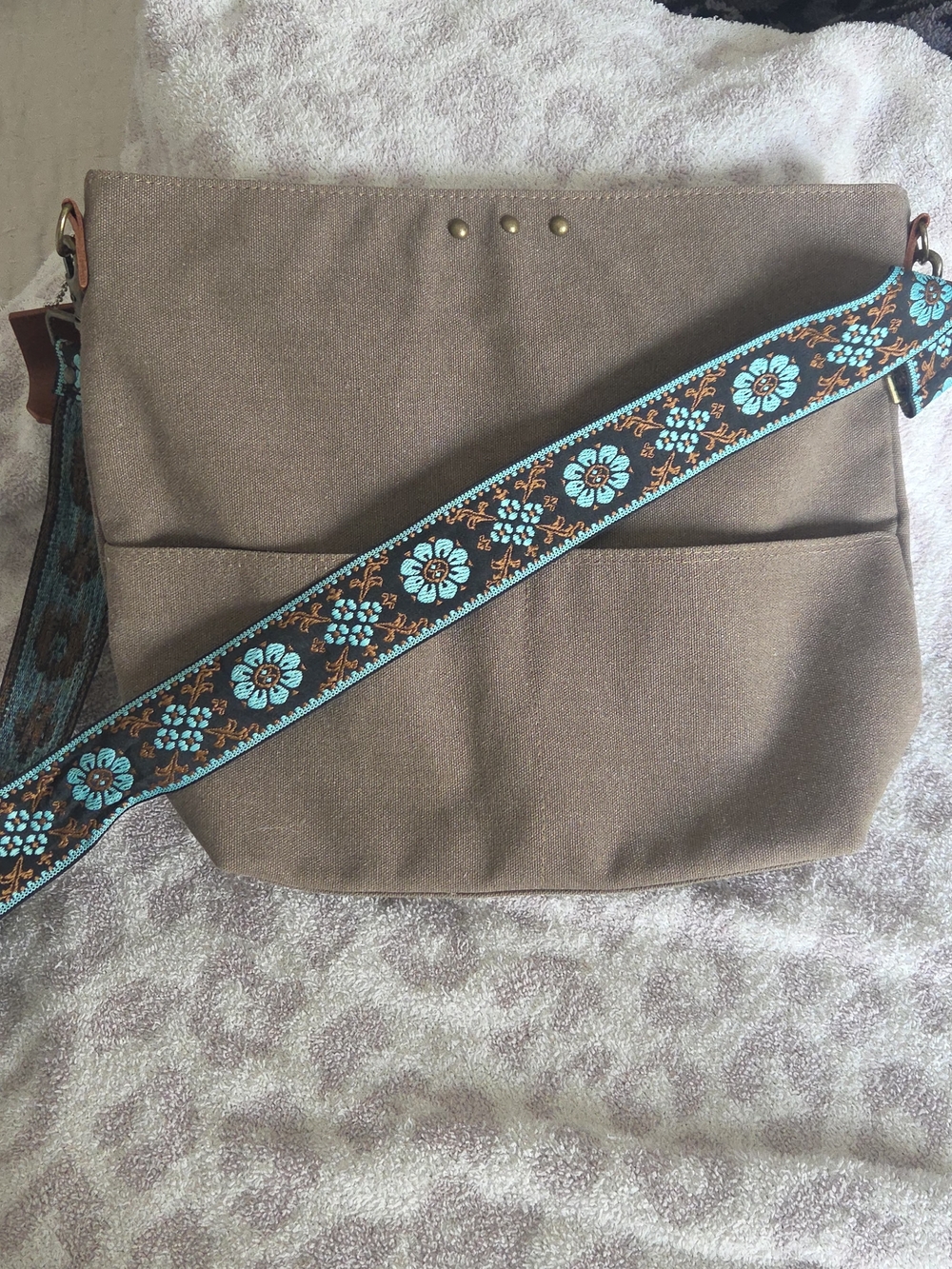 Brown Crossbody Bag with Turquoise-Embroidered Strap